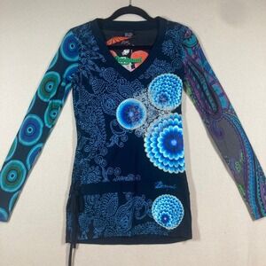 Desigual Tunic Top Small Blue Floral Mandala Tie V-Neck Long Sleeve Art to Wear